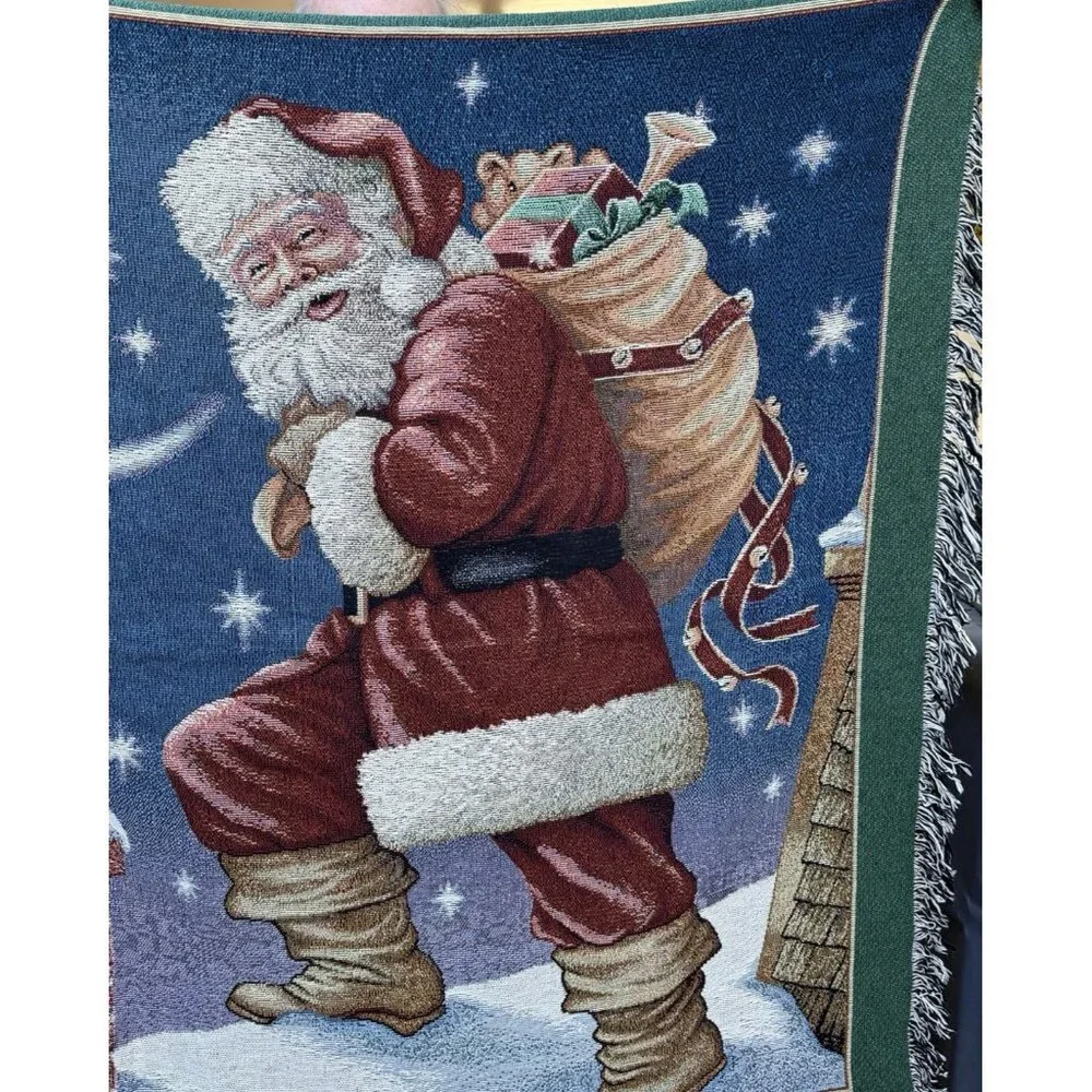 Tapestry Throw Santa Claus Rooftop Bag Toys Blanket Farmhouse CottageCore 60x62